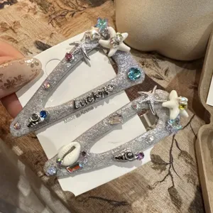 Korean Style Glitter Fabric Alloy Hair Clip Starfish Seashell Rhinestone Side Hairpins Sweet Vacation Headwear For Women Girls