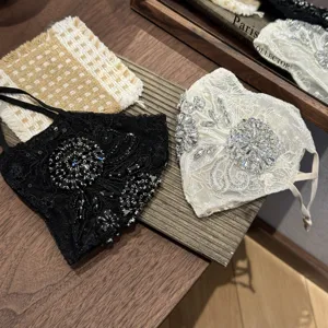 Elegant lace rhinestone decorative face mask for women, stylish embroidered dustproof cover.