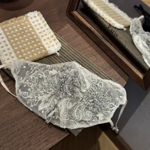 Close-up detail of luxurious white lace face mask adorned with sparkling rhinestones and embroidery.