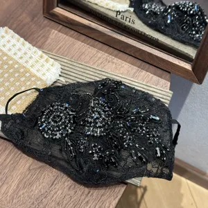 Detailed close-up of exquisite black lace decorative face mask with rhinestones and beads.
