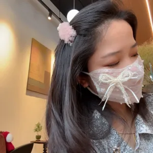 Korean style fashion lace pearl face mask and hair clip detail view for spring summer.