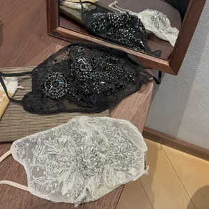 Rhinestone lace mask elegant floral embroidered dustproof face cover stylish party accessory women