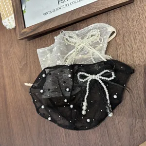 Korean style pearl lace face veil decorative mask with elegant bowknot for party wear.