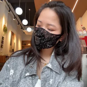 Korean style rhinestone lace face mask for women, elegant beaded floral embroidery design.