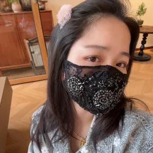 Women black lace rhinestone face mask stylish breathable embroidered decorative dust mask.