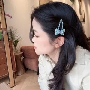 Pinza de pelo lazo cristal azul brillante strass horquilla BB elegante accesorio mujer