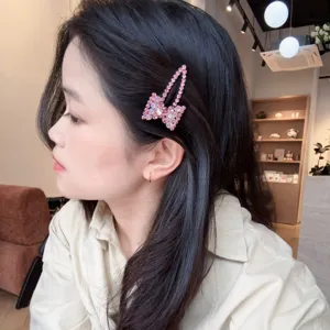 Pinza de pelo lazo estrás rosa clip BB brillante cristal accesorios cabello mujer.