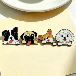 Detailansicht niedlicher Hund Emaille Anstecknadeln Set, entzückende Welpen Metall Broschen.