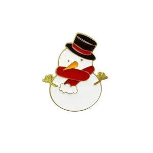 Niedliche Weihnachts-Schneemann-Brosche aus Legierung mit schwarzem Hut und rotem Schal.