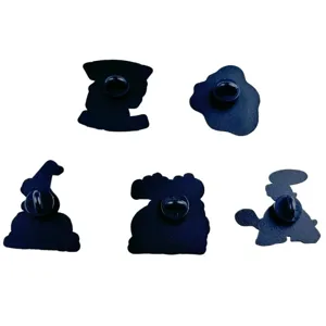 Detailed view of alloy cartoon animal brooch backs with secure black rubber clasps.