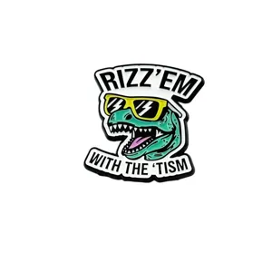 Cartoon dinosaur enamel pin with funny sunglasses and text meme design for fashion bags.