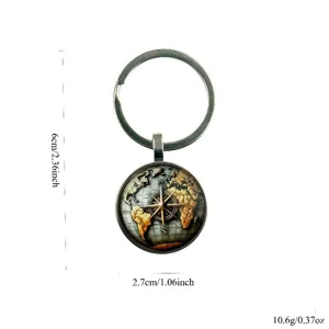 Vintage world map compass keychain, alloy and glass cabochon keyring, 6cm length, 10.6g.