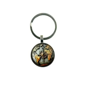 Vintage compass world map glass dome keychain alloy pendant keyring fashion accessories