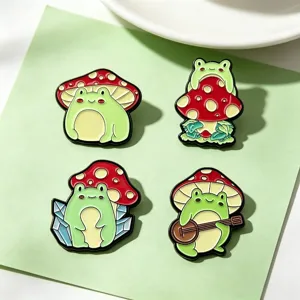 Set di spille smaltate a rana dei cartoni animati, badge di metallo fungo kawaii.