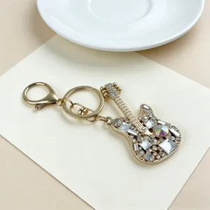 Rhinestone guitar metal keychain stylish alloy bag charm sparkling car accessory pendant