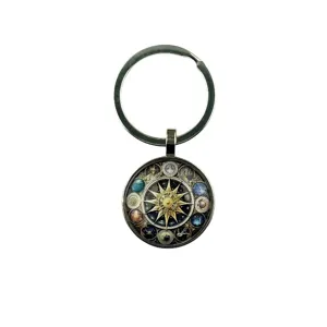 Close up view of the intricate celestial compass glass cabochon keychain pendant detail