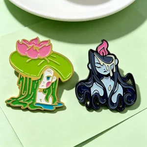 Cute enamel pin set with creative lotus and candle girl designs, trendy metal accessory.