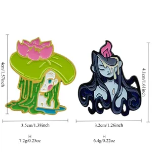 Cute cartoon anime girl metal enamel pins set, unique lotus and candle design badge brooches.
