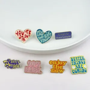 Creative English slogan enamel pin set, trendy metal badge and apparel accessories for daily wear.