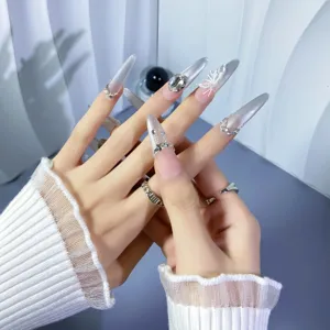Handmade extra long sharp press on nails with silver cat eye and sparkling rhinestones.