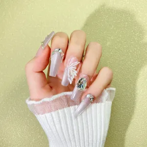 Press-on nails extra long coffin cat eye silver rhinestones 3d white butterfly false nail