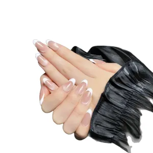 Handmade press-on nails elegant French style nude pink almond false nails daily wear chic