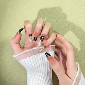 Uñas Postizas de Presión Hechas a Mano Negro Plata Lazo Strass Uñas Postizas Largas Cuadradas Almendradas para Mujeres Nail Art