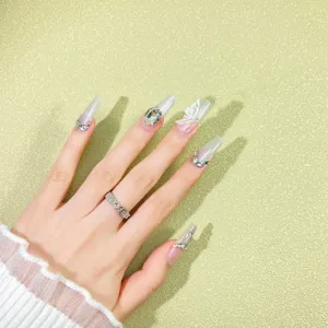 Handmade Press On Nails Long Cat Eye Crystal Butterfly Rhinestone Fake Nails Artificial Nail Art Set For Women