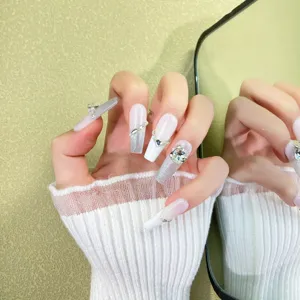 Handgemaakte Strass Wit Transparant Verloop Press-On Nagels Luxe Kattenoog Valse Nagels Met Gereedschapsset Voor Vrouwen Nagelkunst