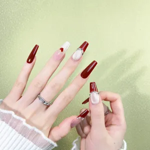 Handmade Burgundy Long Press On Nails Heart Rhinestone Cat Eye Acrylic False Nails With Tool Kit For Women