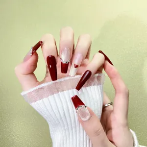 Long press-on nails burgundy heart rhinestones luxury handcrafted fake nail art set for women