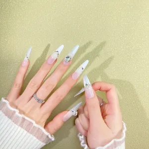White translucent silver cat eye press-on nails long stiletto rhinestone party fake nails