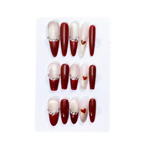 Handmade press-on nails long coffin wine red rhinestones heart charm luxury chic style for women