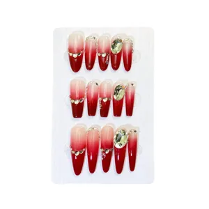 Handmade wine red ombre long oval press-on nails with crystal rhinestones luxury set.