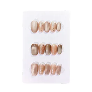 Handmade champagne gold cat eye press on nails with glitter minimal elegant style chic set