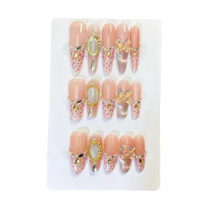 Handmade press-on nails nude pink red plaid rhinestones luxury crystal bow false nails