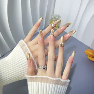 Uñas Postizas Press On Hechas a Mano Lujo Oro Nude Degradado Ojo de Gato Strass Uñas Falsas Largas Acrílicas