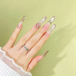 Uñas Postizas Hechas a Mano Largo Degradado Rosa Nude Ojo de Gato Strass Uñas Postizas Set de Arte de Uñas de Lujo Para Mujeres