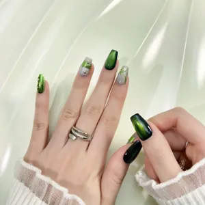 Handmade Gradient Green Cat Eye Press On Nails Forest Style Floral Rhinestone False Nails Nail Art Kit