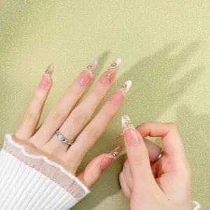 Rhinestone Floral Press On Nails Gradient Nude Pink Long Shape Handcrafted Fake Nails With Tool Kit For Women Nail Art