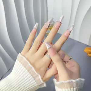 Handmade press-on nails nude pink gradient cat eye with diamond chain luxury style long coffin