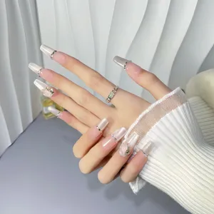 Handmade press-on false nails nude pink gradient cat eye long square crystal luxury style.