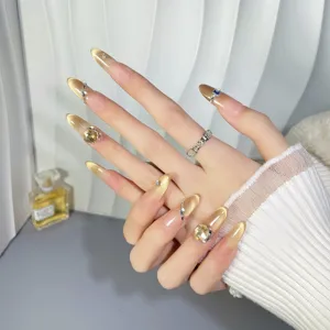 Handmade press-on nails luxury gold nude gradient cat eye gems rhinestones elegant