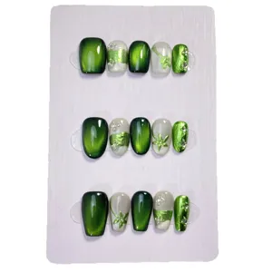 Handmade gradient green cat-eye press-on nails with rhinestones forest style faux nails.