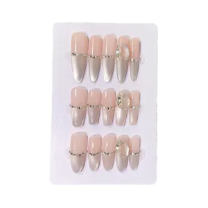 Handmade press-on nails nude pink gradient cat eye luxury crystal chain design main