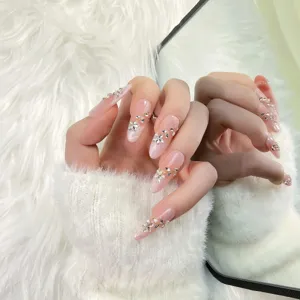 Handmade press-on nails nude translucent long crystal rhinestone luxury fake nail art tips 1pc