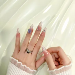 Handmade press-on nails luxury long almond cat eye blue crystal rhinestone artificial nail tips.