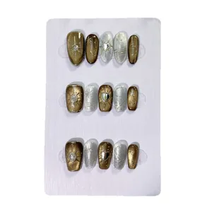 Set de uñas postizas de lujo hechas a mano con puntas de arte de uñas ojo de gato