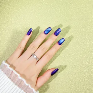 Handmade Blue Purple Cat Eye Press On Nails Long Coffin False Nails Acrylic Nail Art Tips with Tool Kit for Women