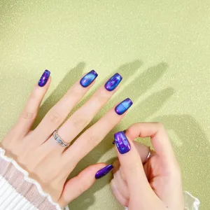 Handmade press-on false nails purple cat eye long square acrylic nail art set for women